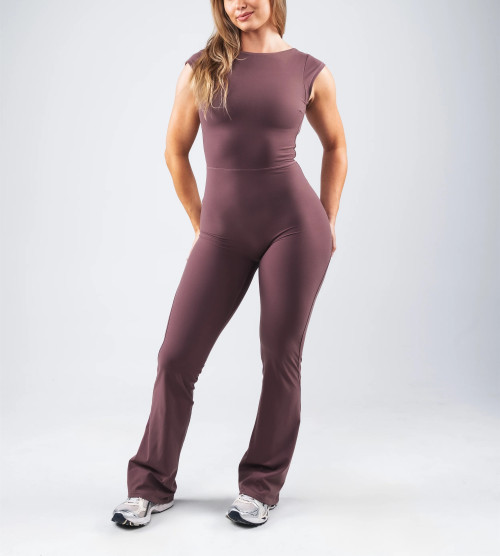 Short sleeve open back sports jumpsuits with flared leg