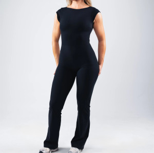 Short sleeve open back sports jumpsuits with flared leg