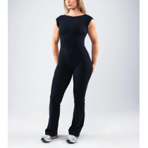 Short sleeve open back sports jumpsuits with flared leg