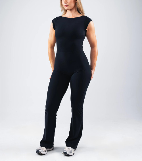 Short sleeve open back sports jumpsuits with flared leg