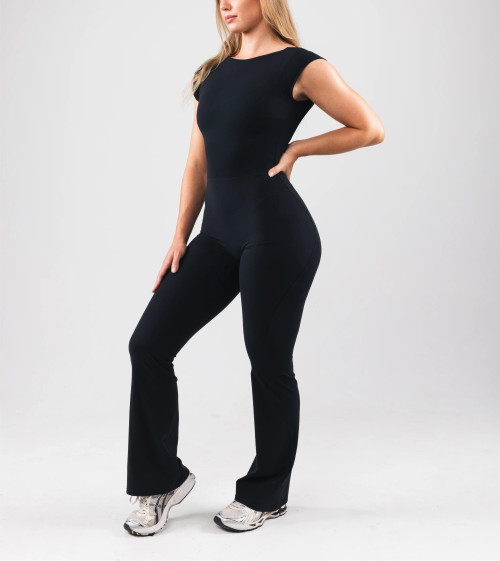 Short sleeve open back sports jumpsuits with flared leg