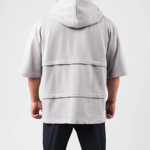 Men's crew neck loose fit short sleeve hoodies cotton terry hooded pullover