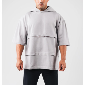 Men's crew neck loose fit short sleeve hoodies cotton terry hooded pullover