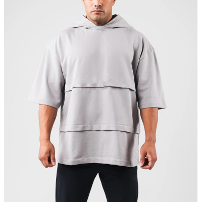 Men's crew neck loose fit short sleeve hoodies cotton terry hooded pullover