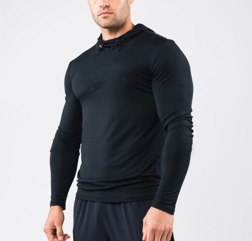 Long sleeve hooded athletic fit t shirts lightweight moisture wicking sports tees