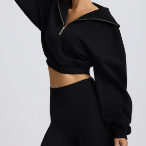 Quarter zip cropped sweatshirts long sleeve drop shoulder relaxed fit pullovers