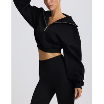 Quarter zip cropped sweatshirts long sleeve drop shoulder relaxed fit pullovers