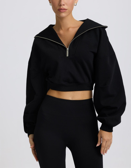 Quarter zip cropped sweatshirts long sleeve drop shoulder relaxed fit pullovers