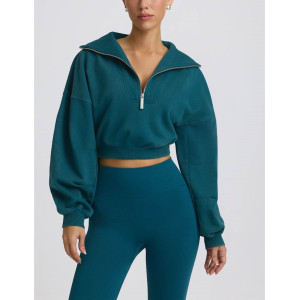 Quarter zip cropped sweatshirts long sleeve drop shoulder relaxed fit pullovers