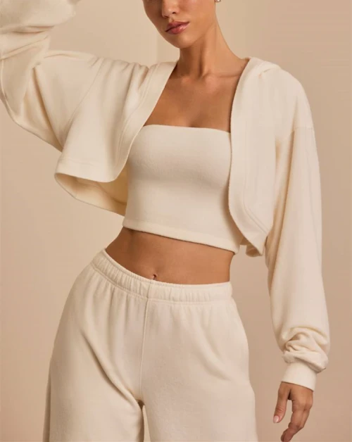 Women's brushed hooded cropped shrug super soft long sleeve cotton hoodies