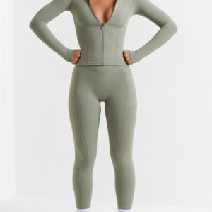 Crossover waist compressive yoga leggings with side pockets V shape fitness tights