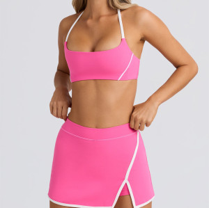 Halter design contrast trim backless sports bra scoop neck padded yoga bralette