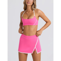 Halter design contrast trim backless sports bra scoop neck padded yoga bralette