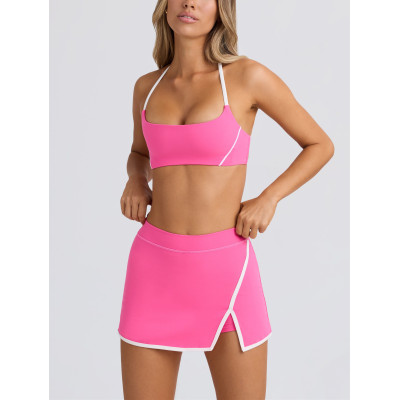 Halter design contrast trim backless sports bra scoop neck padded yoga bralette