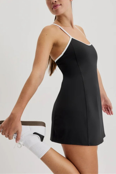 Women's piped one piece tennis dress with built in shorts Y back sports dress