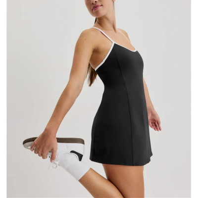 Women's piped one piece tennis dress with built in shorts Y back sports dress