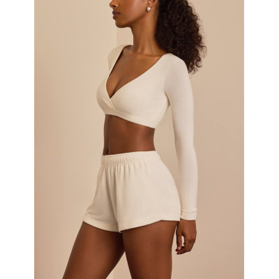 Women's brushed crop top long sleeve v neck fitted t shirts