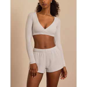 Women's brushed crop top long sleeve v neck fitted t shirts