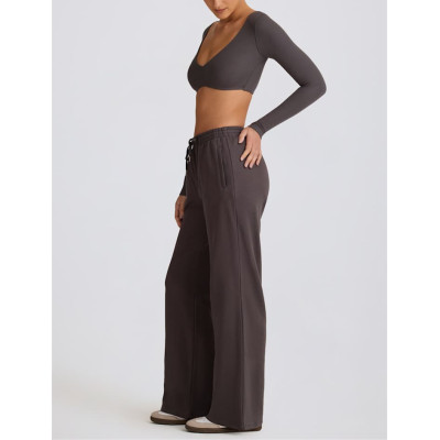 Women's mid rise adjustable waist wide leg pants athleisure style with side pockets