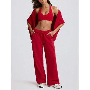 Women's mid rise adjustable waist wide leg pants athleisure style with side pockets