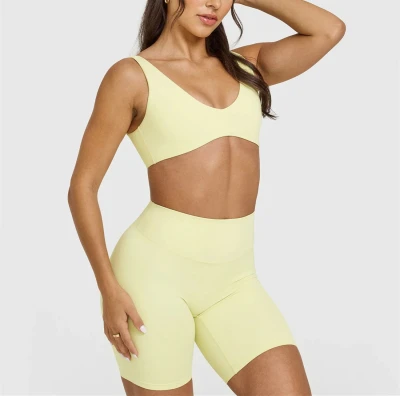 Plunge neck sexy medium support sports bra with low back
