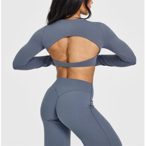 Long sleeve open back crop top moisture wicking athletic fit gym tees