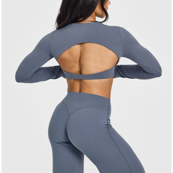 Long sleeve open back crop top moisture wicking athletic fit gym tees