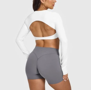 Long sleeve open back crop top moisture wicking athletic fit gym tees