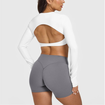 Long sleeve open back crop top moisture wicking athletic fit gym tees