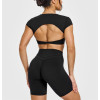 Heart neckline twist front short sleeve tees cut out back sports t shirts