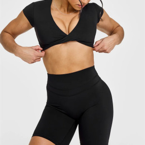 Heart neckline twist front short sleeve tees cut out back sports t shirts