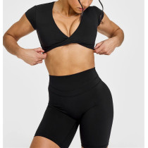 Heart neckline twist front short sleeve tees cut out back sports t shirts