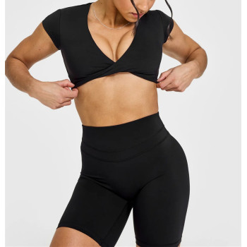 Heart neckline twist front short sleeve tees cut out back sports t shirts