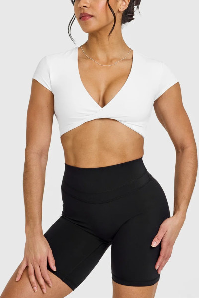 Heart neckline twist front short sleeve tees cut out back sports t shirts
