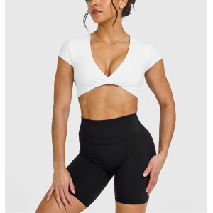 Heart neckline twist front short sleeve tees cut out back sports t shirts