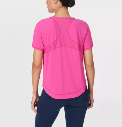 4-ways stretchy mesh spliced running t shirts with curvy hem