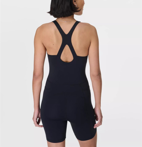 Scoop neck wide strap padded jumpsuits hollow back short bodysuits with side pockets