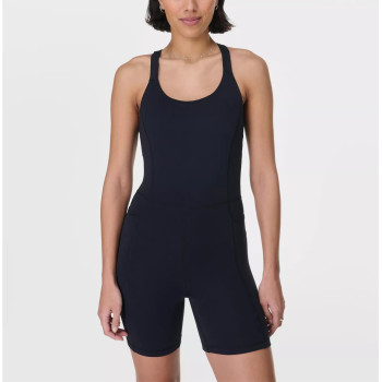 Scoop neck wide strap padded jumpsuits hollow back short bodysuits with side pockets