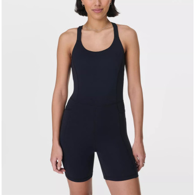 Scoop neck wide strap padded jumpsuits hollow back short bodysuits with side pockets