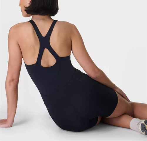 Scoop neck wide strap padded jumpsuits hollow back short bodysuits with side pockets