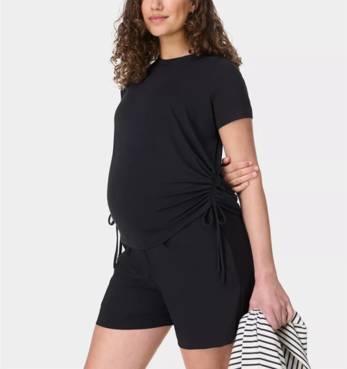 Lightweight side cinched crew neck short sleeve maternity t shirts