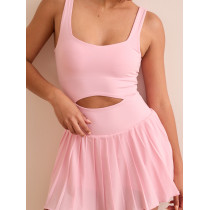 Wide strap buttery soft one piece tennis dress with built in shorts front cutout pleated skirts