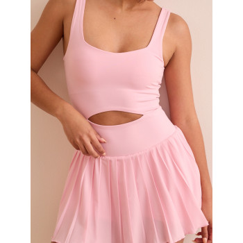 Wide strap buttery soft one piece tennis dress with built in shorts front cutout pleated skirts