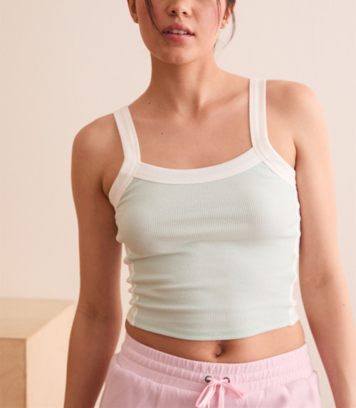 Classic patchwork wide strap ribbed crop tank for women scoop neck contrast trim sports tank