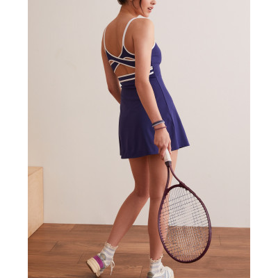 New arrival hollow back color block tennis dress built in bra one piece double strap A line sporty dress