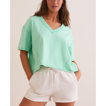 Women's loose fit V neck cropped tees lightweight cotton short sleeve t shirts