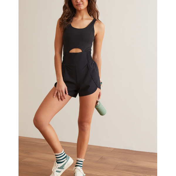 Women's cut out short length onesie lightweight scoop neck back crisscross jumpsuits