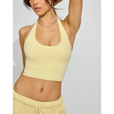 Women's built in bra halter sports tank sleeveless cropped top nylon spandex workout bra top