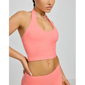 Women's built in bra halter sports tank sleeveless cropped top nylon spandex workout bra top