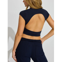 Women's open back cap sleeve t shirts crew neck crop tees